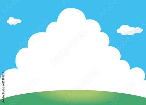 夏のイメージのイラスト背景素材　丘・小山と青空と大きい白い雲入道雲文字スペース