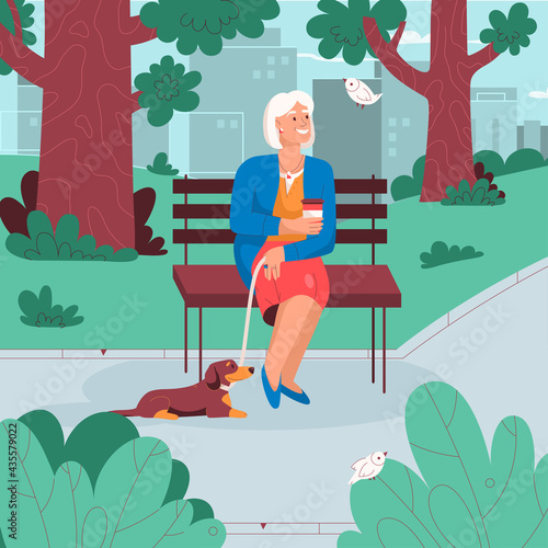 Elderly woman sitting on bench, resting in city park