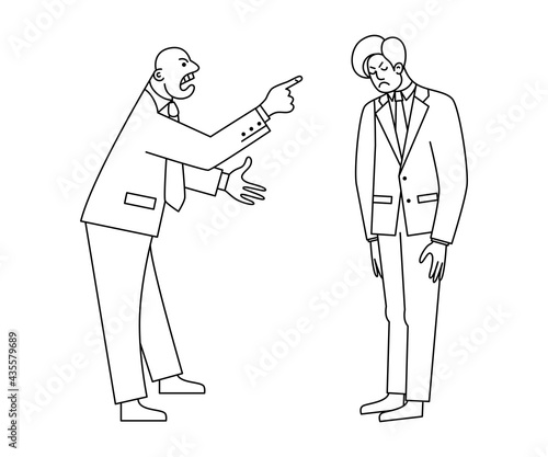 Angry chief shouts at the subordinate. Disgruntled boss insults the employee. Conflicts at work. Negative emotions. Contour drawing on an isolated white background.