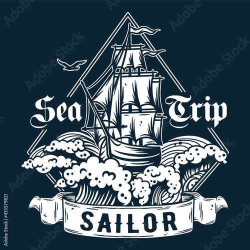 Sea ship for  print. Marine sailboat for sailor t-shirt. Nautical design emblem with float boat or vessel