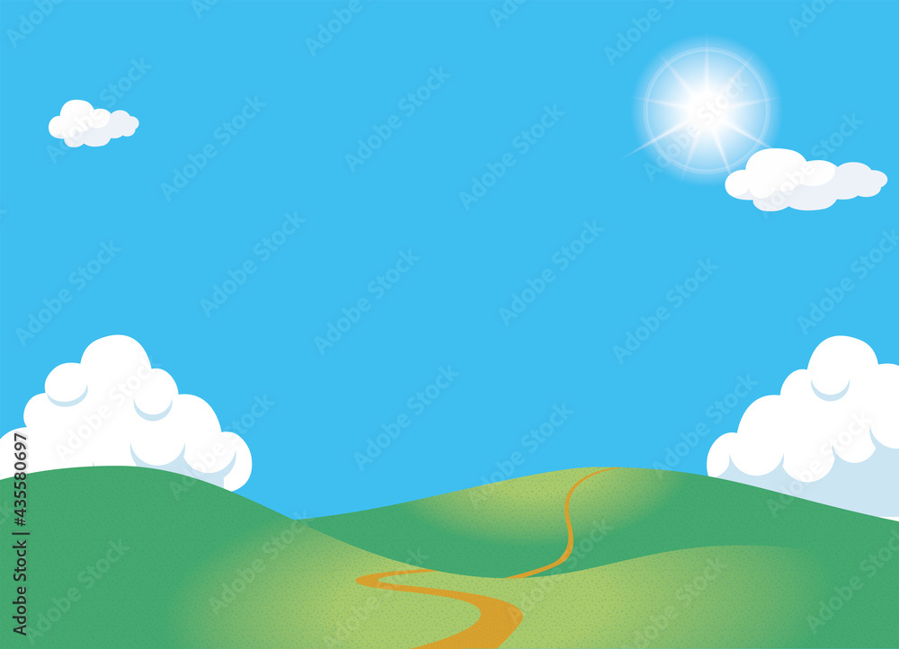夏のイメージのイラスト背景素材 眩しい太陽と一本道の丘 小山と青空と白い雲 Stock Vector Adobe Stock 夏のイメージのイラスト背景素材 眩しい太陽と一本道の丘 小山と青空と白い雲 Stock Vector Adobe Stock