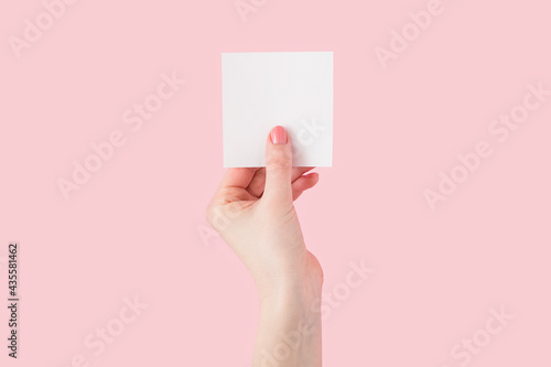 Sticker. Blank sheet of paper in female hands on a pink background.