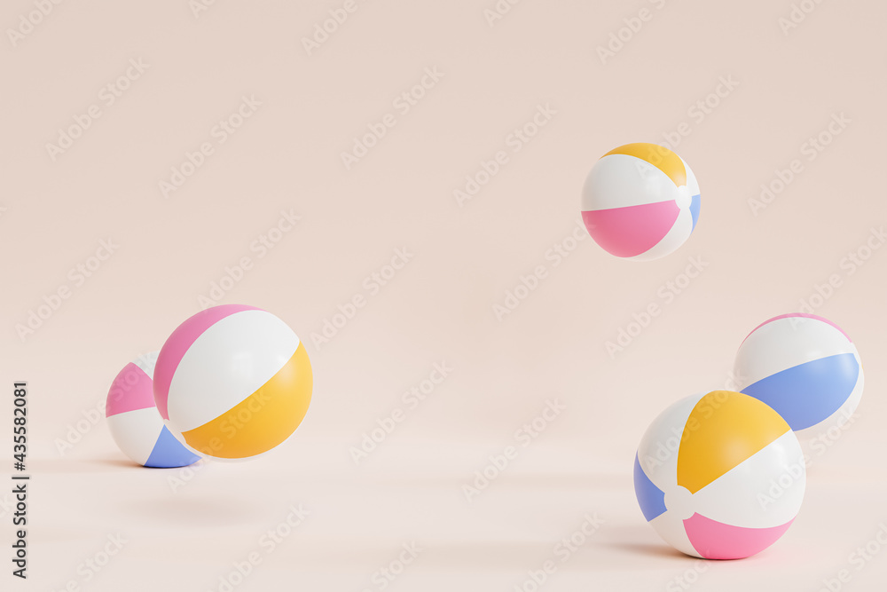 Summer beige background with inflatable beach balls, copy space, minimal 3d illustration render Summer beige background with inflatable beach balls, copy space, minimal 3d illustration render