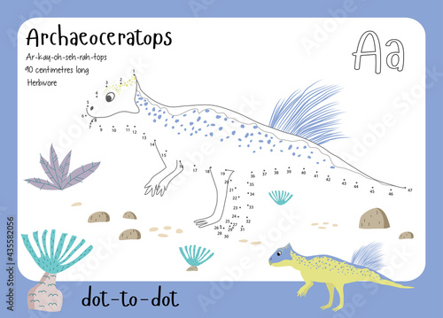 A dot by dot worksheet with dinosaur, name, facts and alphabet letter. Children's riddle.Coloring page for kids. Activity art game. Vector illustration. Set cards a-z dinosaur A. Archaeoceratops