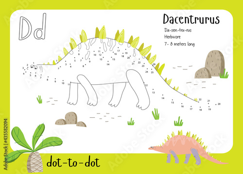 A dot by dot worksheet with dinosaur, name, facts and alphabet letter. Children's riddle.Coloring page for kids. Activity art game. Vector illustration. Set cards a-z dinosaur D. Dacentrurus