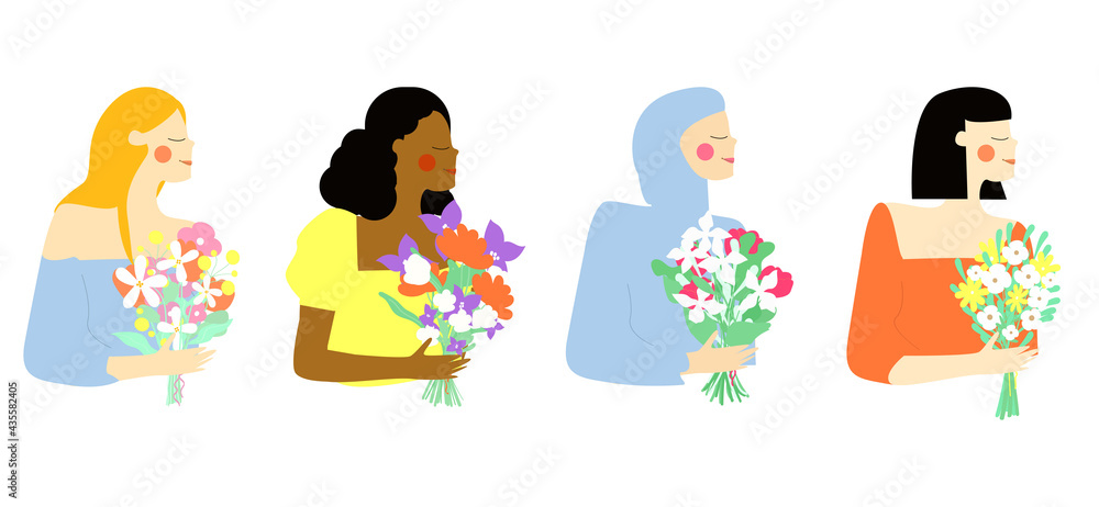 Beautiful young women with bouquets of flowers in their hands.Vector girls with different hair colors, different nationalities isolated on a white background.