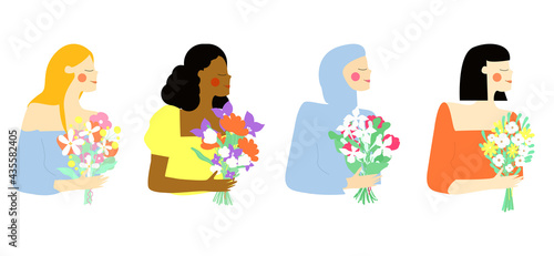 Beautiful young women with bouquets of flowers in their hands.Vector girls with different hair colors, different nationalities isolated on a white background. © Olga Feliz