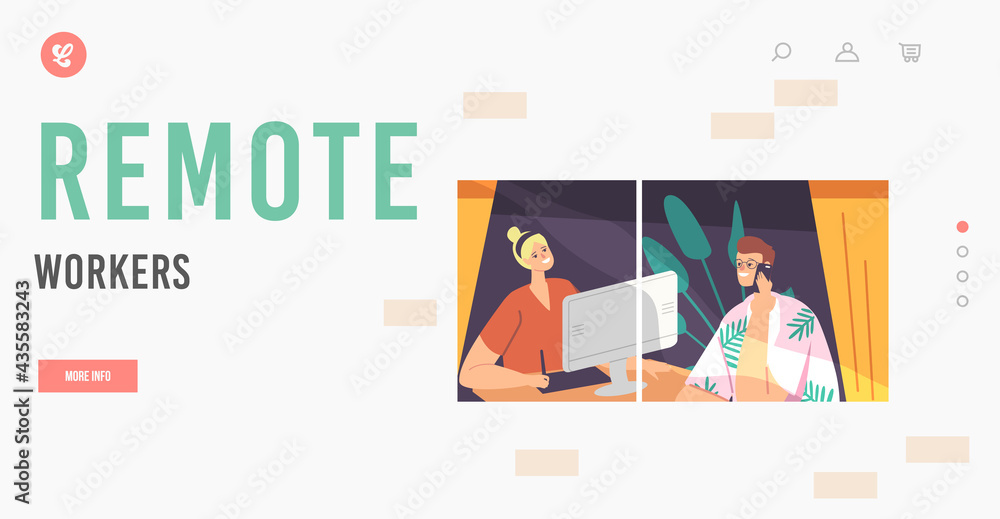 Remote Workers Landing Page Template. Freelance Occupation, Relaxed Man and Woman Freelancers Characters Sit at Window