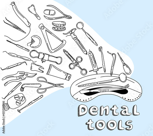 Dental tools and instruments set in doodle style.Line art banner.Orthodontic prosthetics and filling,drill bit,treatment of diseases of oral cavity and caries.Medical equipment for bite correction