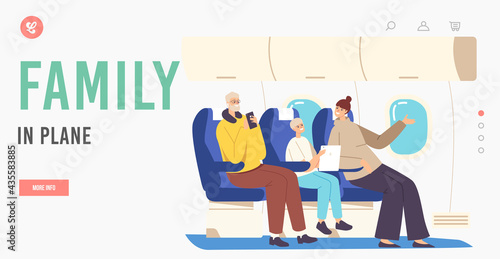 Family Characters in Plane Landing Page Template. Father, Mother and Son Sitting on Armchairs with Gadgets Communicate