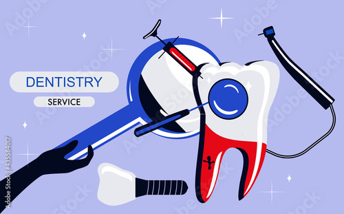 Dentistry service banner in Pop Art style.Huge molar and implant.Drill bit, curing teeth with caries,removing plaque.Oral cavity disease.Root canal filling with orthodontic instruments.Vector