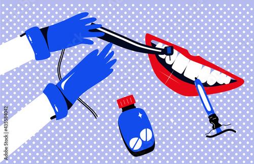 Dentist hands in gloves holding drill bit and cures teeth with caries,removing plaque.Banner in Pop Art style.Human mouth with gums.Oral cavity disease.Root canal filling with orthodontic instruments
