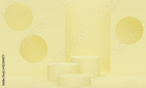 Fototapeta Naklejka Na Ścianę i Meble -  Three podiums for cosmetics on a yellow background with round windows. 3d rendering