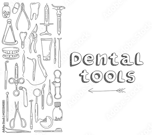 Dental tools and instruments set in doodle style.Line art banner.Orthodontic prosthetics and filling,drill bit,treatment of diseases of oral cavity and caries.Medical equipment for bite correction