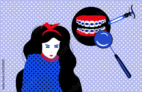 Dentistry service poster in pop art style.Cute young woman with dental braces on teeth.Orthodontics retainer or aligner. Bite correction concept. Oral surgery for healthy smile.Vector.