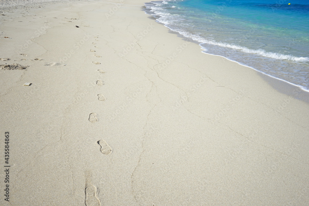 Footprints of human feet on the sand near the water on the beach. Furuzamami Beach in Zamami island, Okinawa, Japan. Image of summer vacation. - 日本 沖縄 座間味島 古座間味 ビーチ 足跡 Footprints of human feet on the sand near the water on the beach. Furuzamami Beach in Zamami island, Okinawa, Japan. Image of summer vacation. - 日本 沖縄 座間味島 古座間味 ビーチ 足跡
