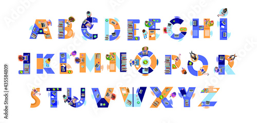 English alphabet, business people, top view. People working in the office. Letters. Vector illustration, flat design.