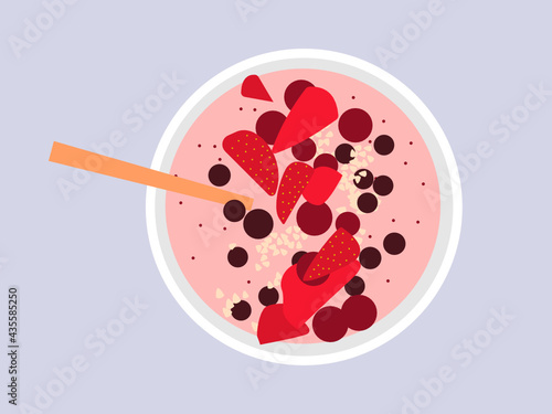 Healthy food eating. Bowl with cereal. fruit, berry, milk breakfast. Flate design illustration. View from above. Vector.
