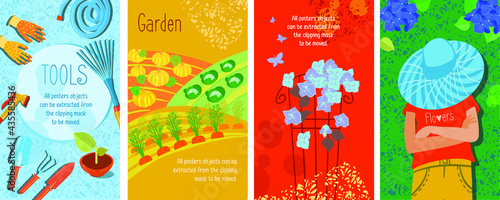 Concept, set of four garden posters, vertical banner, vector illustrations, isolated objects in clipping mask, easy to move around.