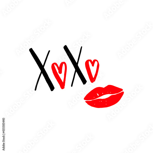 Vector holiday greeting card for Valentine's day, anniversary, wedding, honeymoon. Hand lettering XoXo, black, red letters, red lips on white background. For a poster, web, banner or postcard. EPS 10