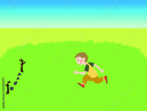 Vector Illustration of a Child Running, Kids, Students Run, Traditional Children Games, Kick the stick