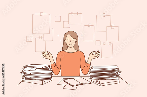 Harmony, peace, successful time management concept. Young business woman cartoon character sitting meditating and feeling confident about making many business duties and tasks vector illustration 