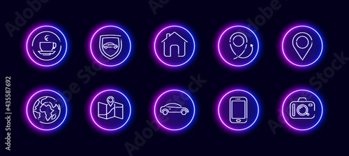 10 in 1 vector icons set related to car trip theme. Lineart vector icons in geometric neon glow style