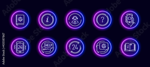 10 in 1 vector icons set related to help and support theme. Lineart vector icons in neon glow style