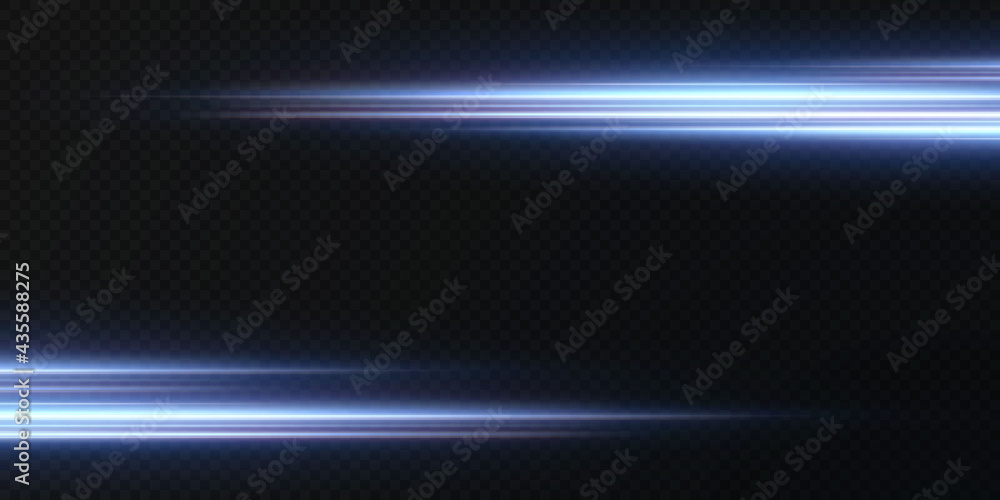 Light beams of light in neon and blue. Illuminated horizontal neon laser. Collection of light transparent realistic rays for design isolated on a transparent background. Horizontal optical lens flare.