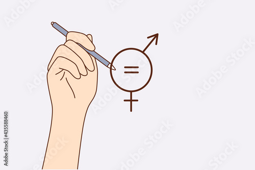 Gender equality concept. Human hand drawing equal sign inside of sign of man and woman symbols meaning equality over grey background vector illustration 