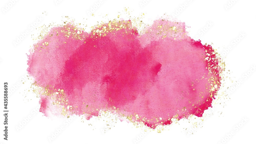 Pink watercolor stroke elements with gold glitter elements, abstract texture with golden ink, magenta brush stroke