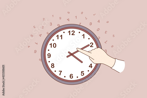 Changing time concept. Human hand changing time on large wall clock over dark brown background vector illustration 