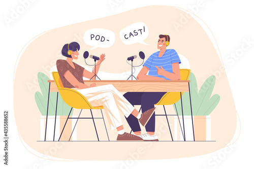 Flat characters with headphones and mic recording audio podcast or online show in studio. Person on radio station host interviewing guest. Happy people in headset talking. Mass media broadcasting.