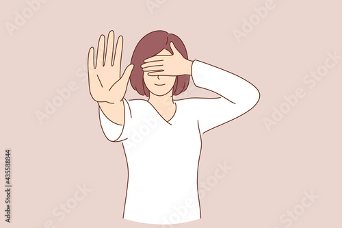 Shameful content and asking not to show concept. Portrait of confused girl in white shirt covering eyes with hand and showing stop gesture, feeling afraid to look vector illustration 