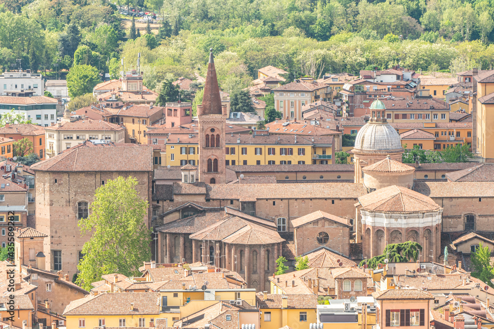 Aerial view of Bologna with beautiful church and historical buildings