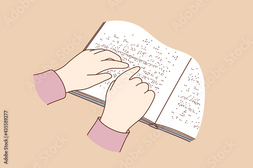 Blind people reading books concept. Human hands reading book story on paper written in Braille, close-up over beige background vector illustration 