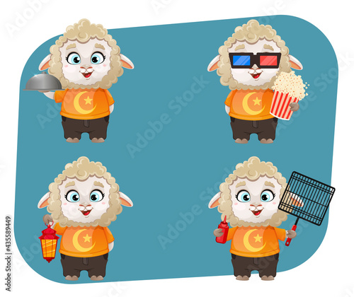 Eid al-Adha Mubarak. Funny cartoon character ram