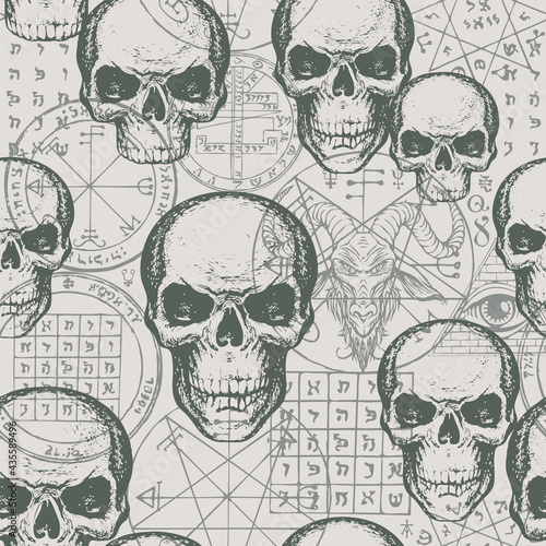 Abstract seamless pattern with hand-drawn human skulls against a goat head, esoteric and occult symbols. Vector background in retro style on the theme of occultism, Satanism, witchcraft, black magic