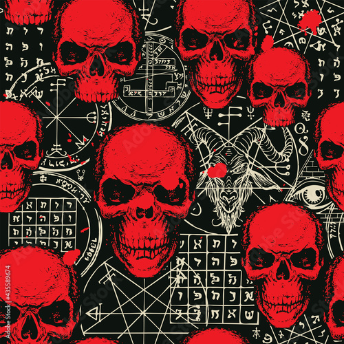 Abstract seamless pattern with sinister red human skulls, blood stains and hand-drawn goat head, occult and ritual symbols on the black backdrop. Vector background on the theme of occultism, satanism
