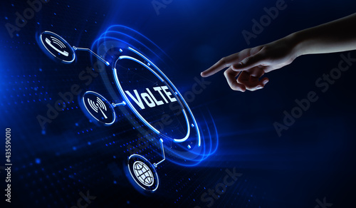 VoLTE Voice over LTE communication technology concept. Hand pressing button on screen. photo