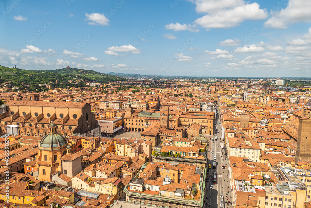 Aerial view of Bologna with the beautiful Maggiore Square and the tower