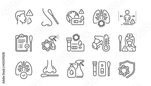 Covid Test line icons. Nasal swab and Blood testing. Social Distance  Hand Sanitizer  Rapid Antigen Test icons. Coronavirus protection  Pneumonia virus. Nose with cotton swab. Linear set. Vector