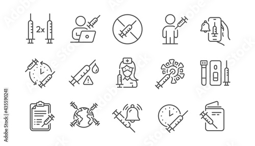 Vaccine line icons. Corona jab, Medical Syringe, Vaccination passport icons. Covid vaccine, Human jabbed and Coronavirus dose. Syringe needle, Corona injection, Vaccination notification. Vector