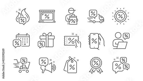 Discounts line icons. Sale Coupon, Online shopping sign, Discount price tag. Wholesale store market, calendar, hot deal line icons. Coupon ticket, megaphone offer, delivery discount. Vector