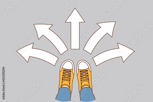Choice and decision concept. Human foot in sneakers standing with arrows in various directions around meaning variety of choice and directions vector illustration 