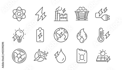 Energy types line icons. Coal Trolley, Solar Panels, Hydroelectric Power icons. Sustainable Electricity, Battery Energy, Fuel canister. Windmill power, Coal mine and Hydroelectricity. Vector