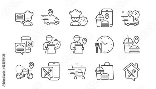 Food delivery line icons. Courier, Deliveryman, Grocery retail. Delivery truck, meal bag, home food order icons. Cart deliver, contactless service, courier location. Fast food package. Vector