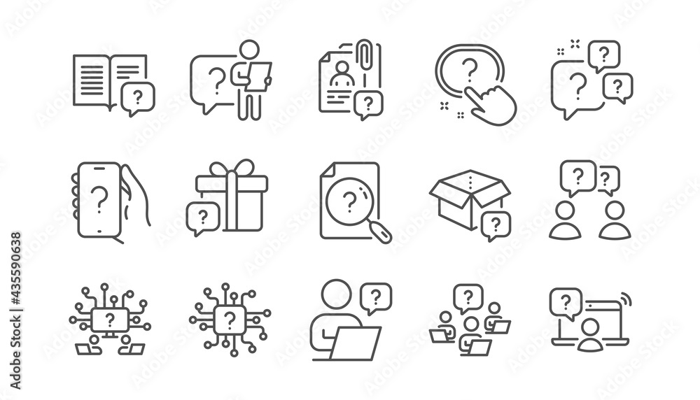 Questions line icons. Artificial Intelligence computer, phone with Question mark, Problem solve. Quiz, faq guide, job interview line icons. Ask person, question chat bubble. Linear set. Vector Questions line icons. Artificial Intelligence computer, phone with Question mark, Problem solve. Quiz, faq guide, job interview line icons. Ask person, question chat bubble. Linear set. Vector