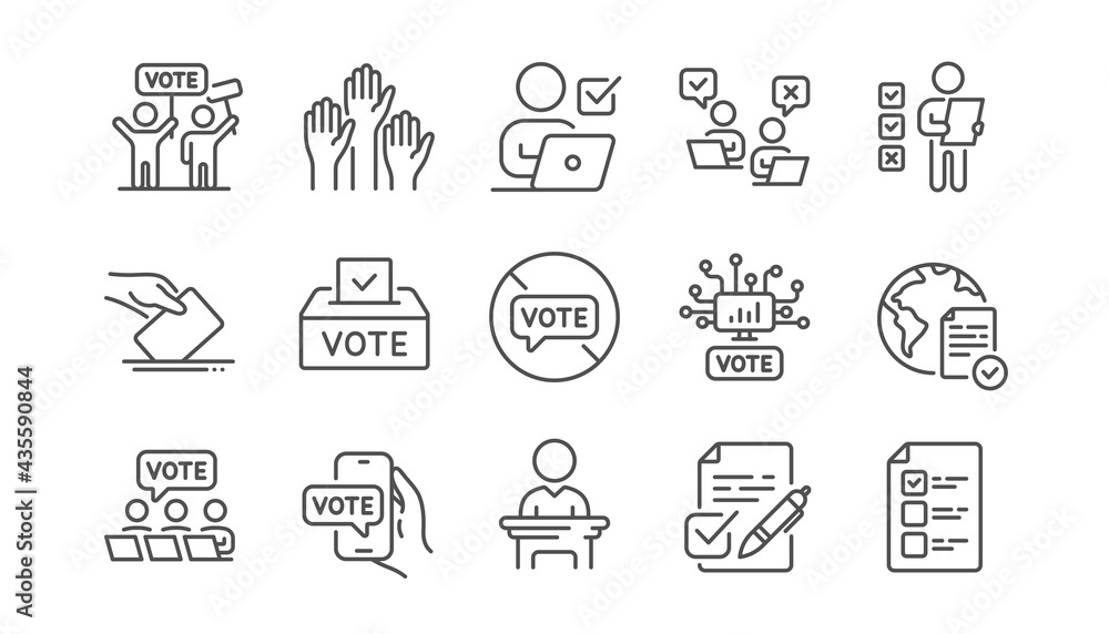 Voting line icons. Public Election, Vote Box, Ballot Paper icons. Candidate, Politics voting and People vote. Government election, Raised hands, Document checklist. Online poll result. Vector Voting line icons. Public Election, Vote Box, Ballot Paper icons. Candidate, Politics voting and People vote. Government election, Raised hands, Document checklist. Online poll result. Vector