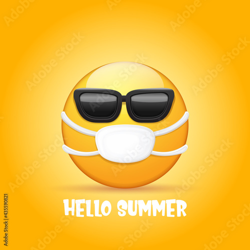 Hello summer concept with yellow Emoji sticker with mouth medical protection mask and sunglasses isolated on orange background. hello summer emoji icon . Vector summer character